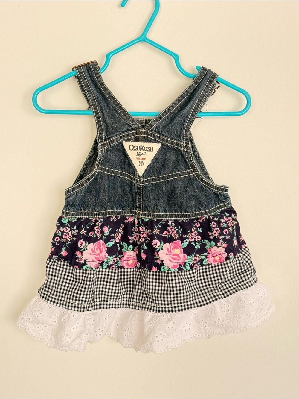 OshKosh B'gosh Denim Floral Tiered Skirt Overalls - Blue, Pink, Black, White - Picture 3 of 5